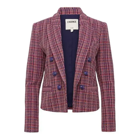 L’AGENCE Brook Tweed Double Breasted Cropped Blazer Purple Pink Size 10 - Picture 5 of 15